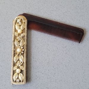 Vintage Foldable Travel Comb Gold With Rhinestones And Faux Pearls